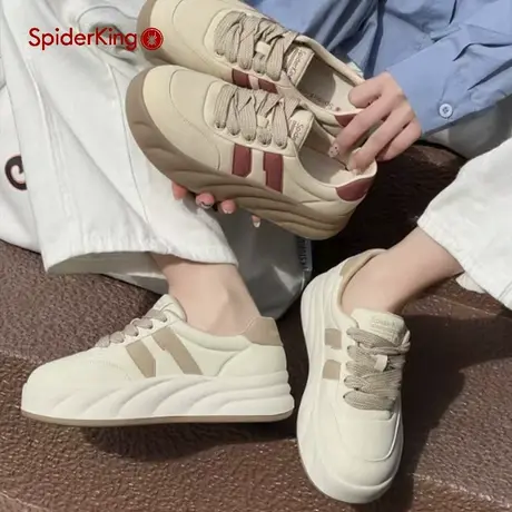 蜘蛛王休闲运动板鞋女2024春季新款真皮小白鞋厚底百搭复古面包鞋商品大图