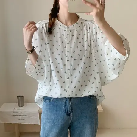 夏季文艺清新碎花蝙蝠袖双层棉纱衬衫女宽松七分袖防晒衫中袖上衣商品大图