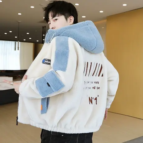 青少年棉衣男生冬季潮流加厚棉袄学生颗粒绒帅气连帽羊羔毛绒外套商品大图