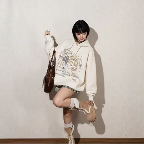 YEP复古韩系印花连帽卫衣女春秋2025年新款宽松加厚帽衫外套加绒商品大图