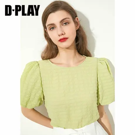 DPLAY【惠品】夏新立体泡泡格宽松圆领短袖小衫显白绿色上衣商品大图