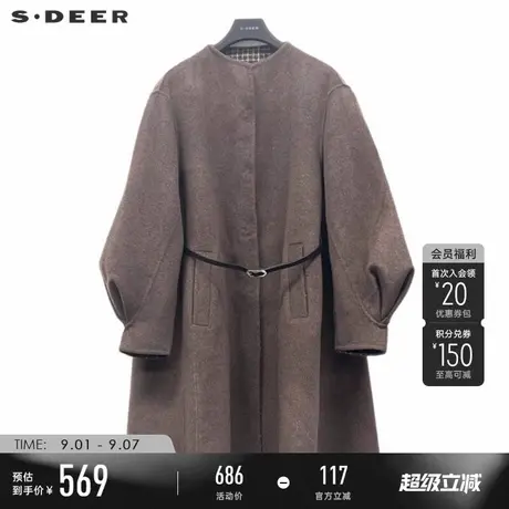 sdeer圣迪奥冬季女装复古圆领收腰格纹宽松双面呢大衣S234Z2539商品大图