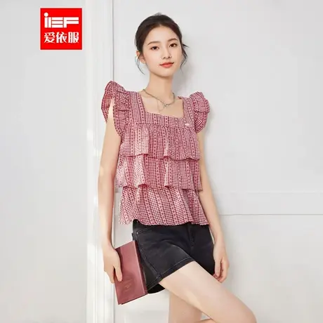IEF/爱依服2025夏季新款通勤飞袖甜美少女风时尚减龄格子女短背心商品大图
