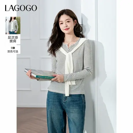 LAGOGO设计感假两件披肩T恤衫女拉谷谷2025秋季新款气质针织上衣商品大图