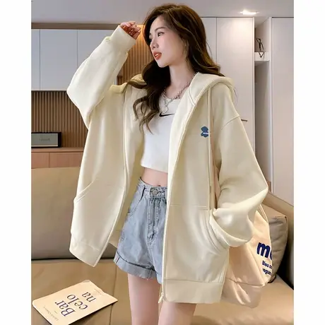 唐狮秋冬新款女连帽外套爆款奶白色卫衣开衫休闲风慵懒感宽松tuTA图片