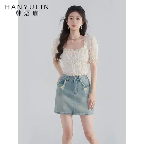 韩语琳杏色雪纺衫女夏季泡泡袖短袖上衣2023年新款修身显瘦蕾丝衫图片