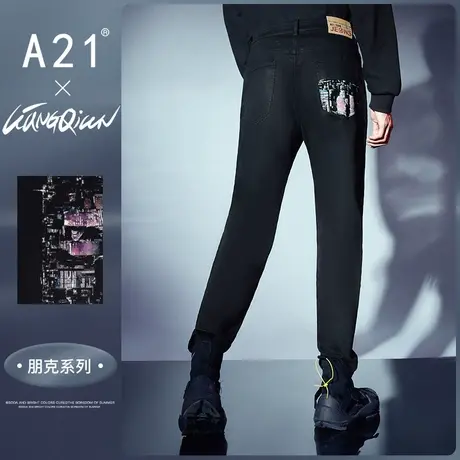 【A21outlets艺术家联名款】秋季男士黑色牛仔裤潮牌男裤小脚长裤图片