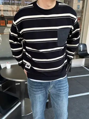 DAEVU冬新款条纹宽松廓版大号潮胖加肥加大码男士圆领毛衣针织衫商品大图