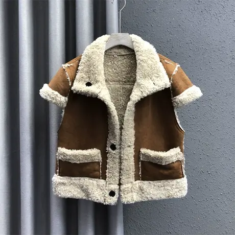 港味拼色减龄上衣女2023秋冬新款羊羔毛加绒设计感韩版小众短外套商品大图