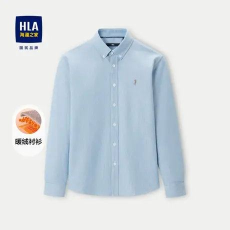 HLA/海澜之家磨绒长袖衬衫2023秋冬新款制扣领条纹全棉保暖上衣男商品大图