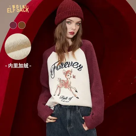 妖精的口袋小鹿插肩套头毛衣女2023秋冬季新款宽松内搭外穿软糯风商品大图