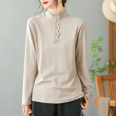 dza复古荷叶领双面绒加绒长袖T恤女秋冬洋气内搭打底衫宽松短上衣图片