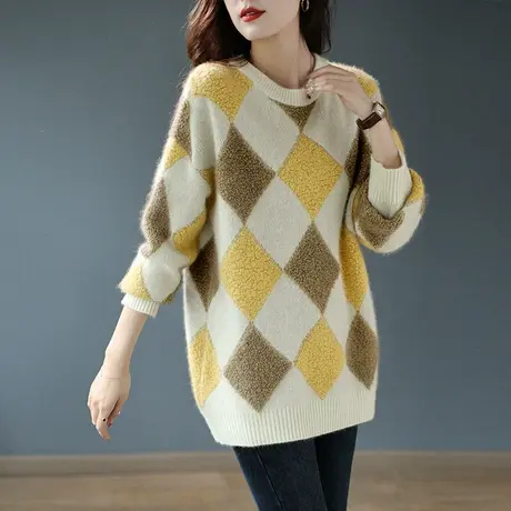 宝诗黎新款圆领羊羔毛拼接格子羊毛毛衣女加厚秋冬撞色流行针织衫商品大图