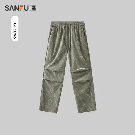 三福2024春季新款休闲裤男英文刺绣迷彩伞兵裤宽松直筒长裤裤子男商品大图