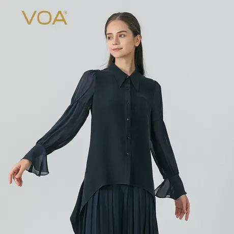 VOA藏蓝色40姆米鬼纡重磅桑蚕丝尖领拼接乔其丝绸长袖真丝衬衫秋图片