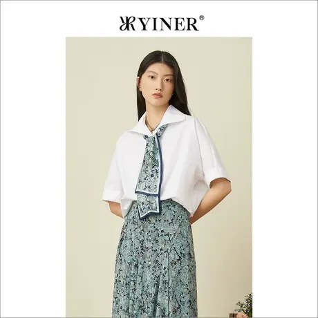 YINER音儿专柜女装2022夏季新款白色五分袖衬衫宽松衬衣女商品大图