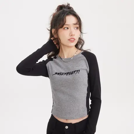 尔给圆领打底衫女内搭修身美式复古甜辣设计感长袖短款t恤上衣商品大图