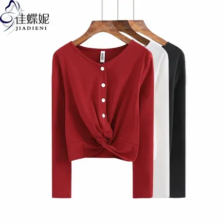 春秋季新款V领修身网红同款加厚长袖体恤上衣短款韩版显瘦女装T恤商品大图