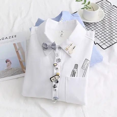 秋冬女装韩版小清新休闲加绒衬衫女长袖学生保暖加厚白色打底衬衣图片