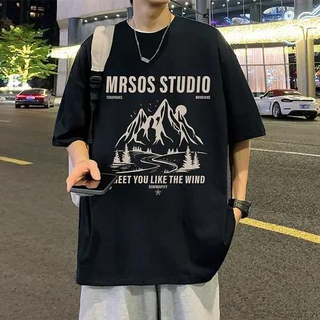 夏季新款日系圆领短袖T恤男潮牌宽松纯棉情侣半袖重磅打底体恤衫商品大图