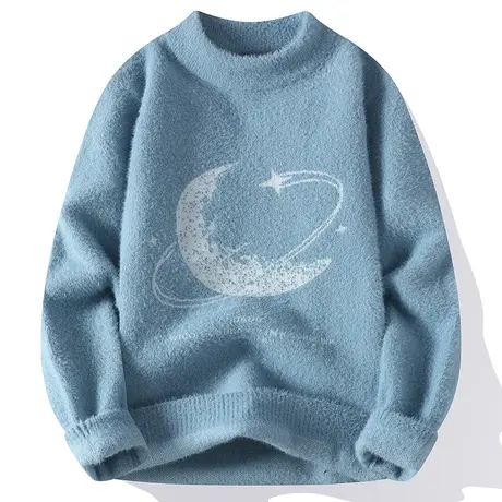 男秋冬新款半高领毛衣潮牌水貂绒针织打底衫时尚提花加厚保暖线衣商品大图