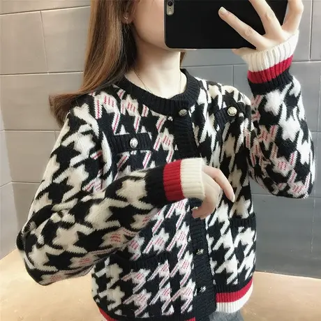 开衫女2023春秋新款通勤圆领针织衫女上衣百搭纽扣千鸟格外套毛衣商品大图