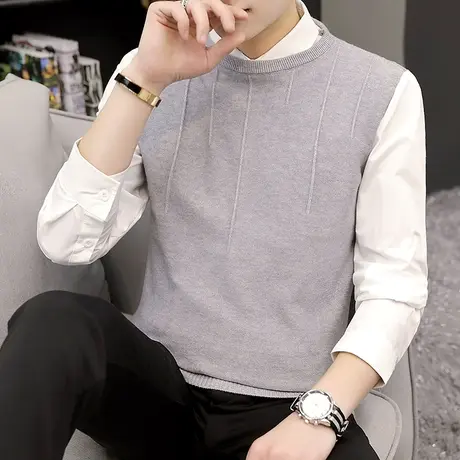 个性假两件带领长袖t恤男秋冬装上衣针织小衫打底衫内搭外穿衣服商品大图