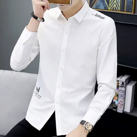 男士春秋季长袖白色竖条纹衬衫潮流韩版修身寸衫痞帅男装休闲衬衣商品大图