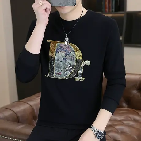 高级感卫衣男士秋冬季潮牌刺绣亮片ins长袖t恤加绒保暖打底衫上衣商品大图