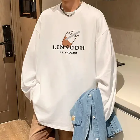 美式重磅长袖t恤男春秋季潮流ins宽松圆领男士白色打底衫棉感体恤图片