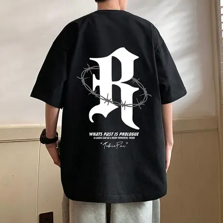 短袖T恤男夏季宽松潮流ins美式大字母半袖纯棉2024新款体恤上衣服商品大图