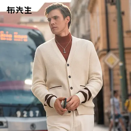 MrBu布先生条纹撞色v领羊毛开衫男春方形口袋毛衣外套BT12310商品大图