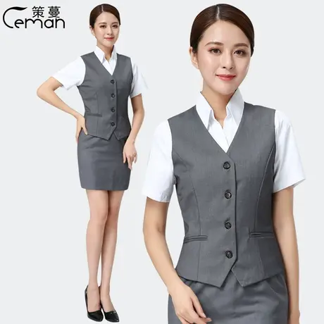 策蔓工装马甲西裤套装女灰色西装马夹春秋款修身显瘦背心工作服OL图片