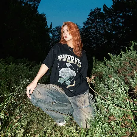 YEP黑色花朵印花t恤女夏季短袖潮牌美式复古2025新款纯棉宽松上衣商品大图