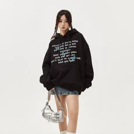 YEP黑色字母印花连帽卫衣女春秋2024年新款复古宽松情侣外套上衣商品大图