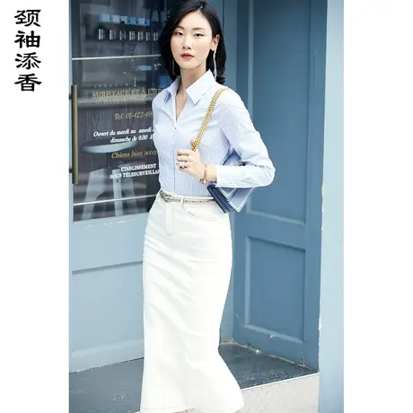 颈袖添香2023秋季新款职业连档衬衣长袖修身时尚蓝白条纹衬衫商品大图