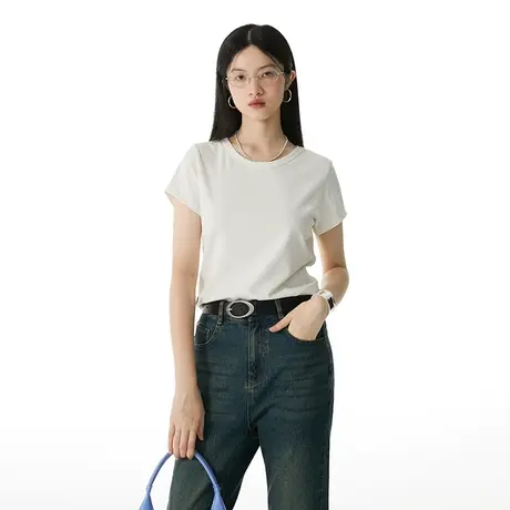 omont蛋挞家短款正肩T恤女复古基础款短袖修身上衣微喇牛仔裤套装商品大图