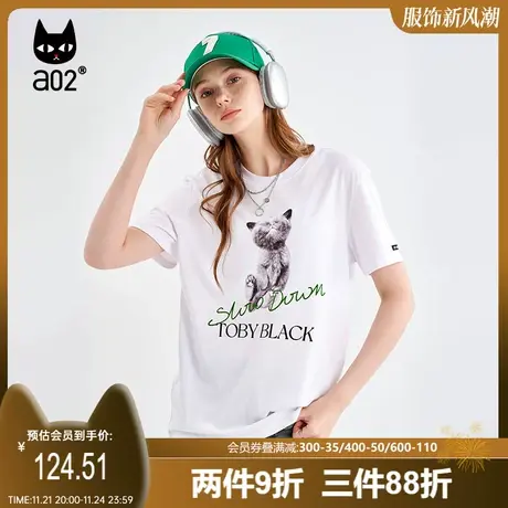 【趣玩】a02短袖T恤女2023夏季新品百搭宽松趣味猫咪印花短袖上衣图片