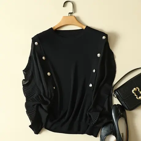 清仓！春装2024年新款冰丝针织衫女长袖宽松雪纺衫上衣洋气蕾丝打商品大图