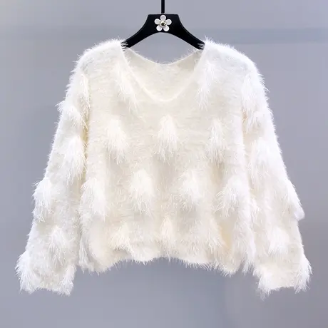 日系温柔风流苏拼接V领毛衣女秋冬2023新款宽松设计感小众针织衫图片