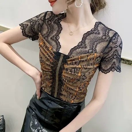 性感V领T恤女短袖夏装蕾丝拼接洋气质上衣欧货时尚印花网纱小衫潮图片