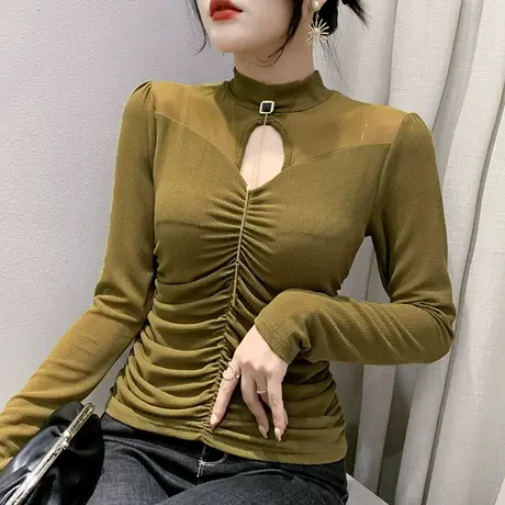 性感立领网纱T恤女长袖气质镂空褶皱流苏上衣欧货减龄修身打底衫商品大图