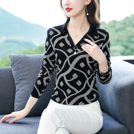 长袖t恤打底衫女2023春秋装新款网纱漂亮气质女上衣印花弹力小衫商品大图