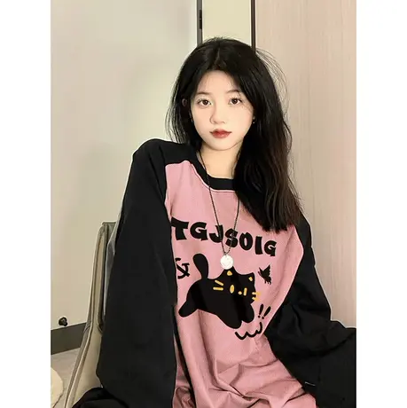 纯棉2023初秋新款插肩印花长袖t恤女上衣打底衫圆领宽松显瘦百搭商品大图