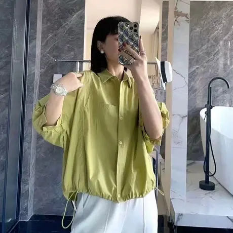 薄款抽绳衬衫女夏短袖2023新款设计感小众别致女士衬衣遮肚子上衣商品大图