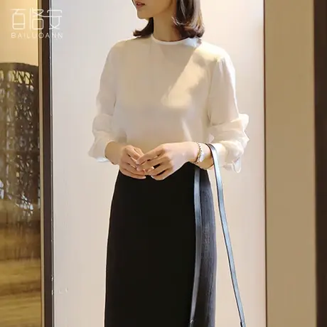 百洛安简约圆领衬衫女秋装新款韩版气质时尚百搭长袖白色衬衣上衣图片
