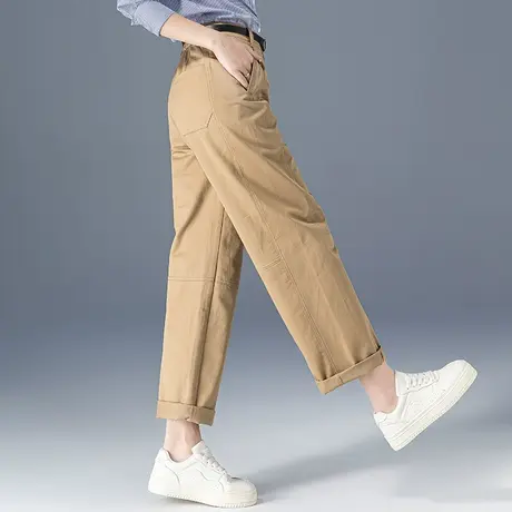 高腰窄版卡其色直筒裤女2023新款裤子小个子九分裤宽松休闲阔腿裤图片