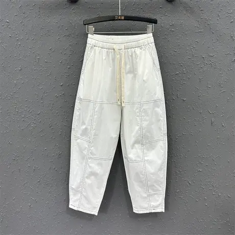 薄款休闲明线撞色设计感松紧腰系带萝卜裤女夏高腰宽松百搭哈伦裤图片