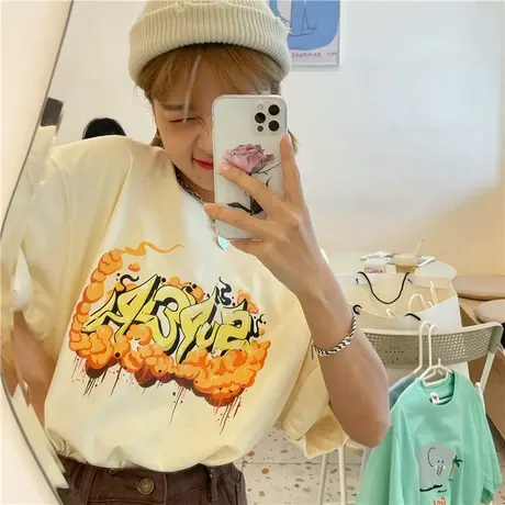 红续小个子正肩纯棉宽松短袖T恤女oversize小众美式复古上衣百搭图片