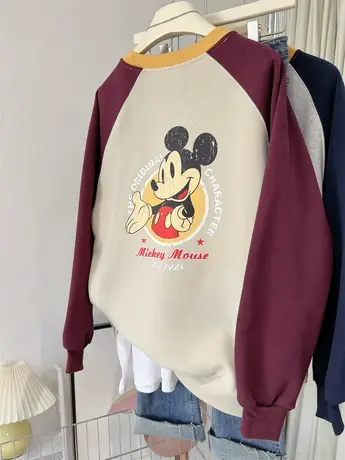 拼色圆领秋冬加绒加厚宽松大码插肩袖女韩版上衣卡通无帽可爱卫衣图片